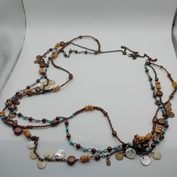 Bohemian Boho Hippie Layered Necklace Wood Beads Turquoise Statement Jewelry - Picture 4 of 8